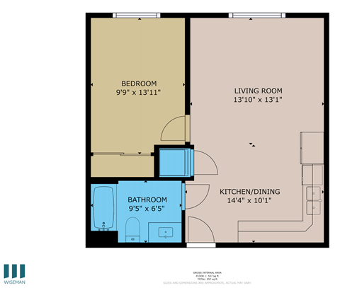 Floor plan for 1 bed, 1 bath, 650 sqft